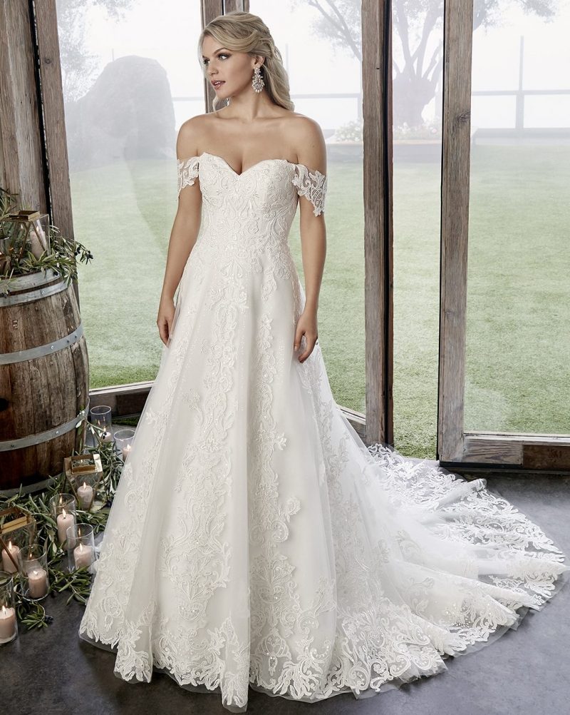Romantic off-the-shoulder A-line bridal gown