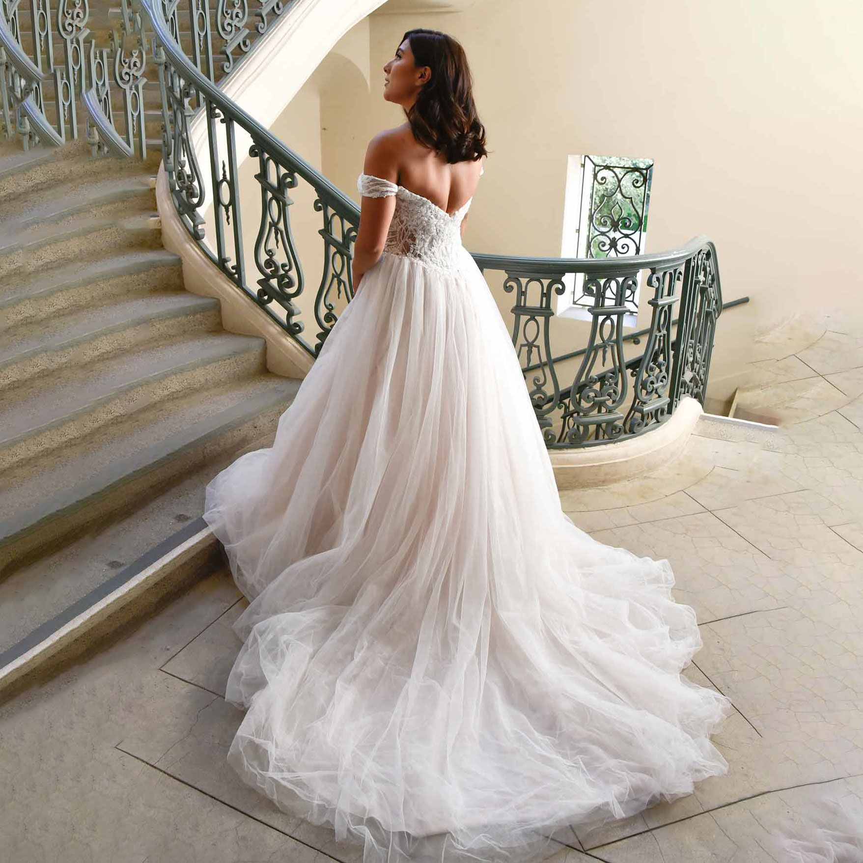 Beautiful ballgown wedding dress has sparkly tulle skirt