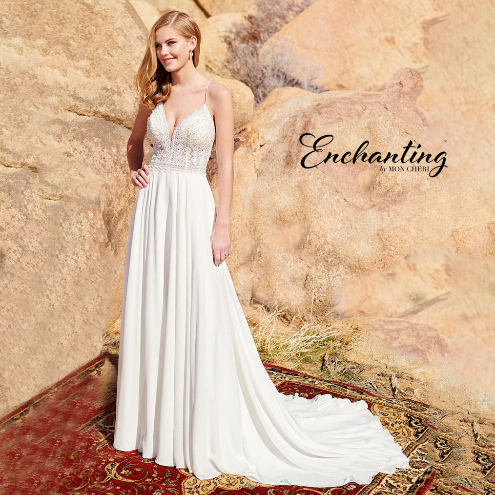 Romantic sleeveless A-line wedding gown from Enhanting by Mon Cheri