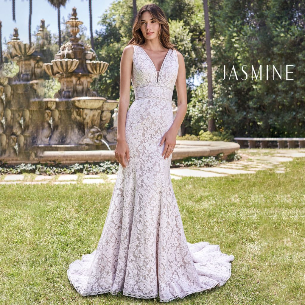 Classic sleeveless lace wedding gown from Jasmine Bridal