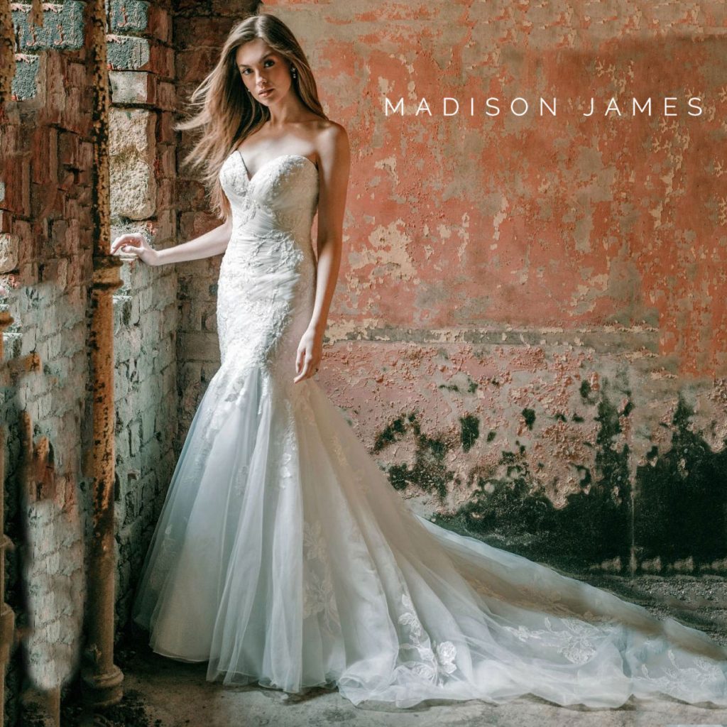 Romantic strrapless fit and flare wedding gown from Madison James