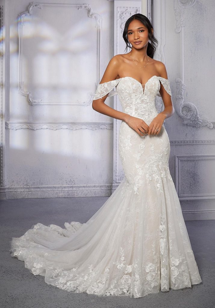 Off-the-shoulder fit and flare wedding dress