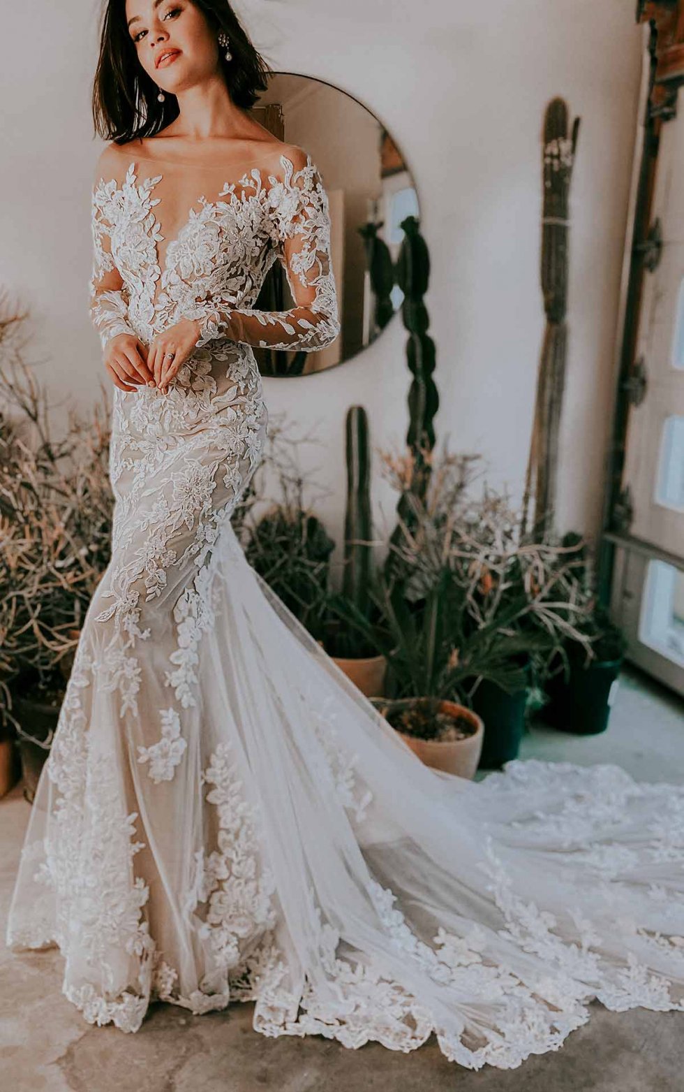 Long-sleeved fit-and-flare wedding dress