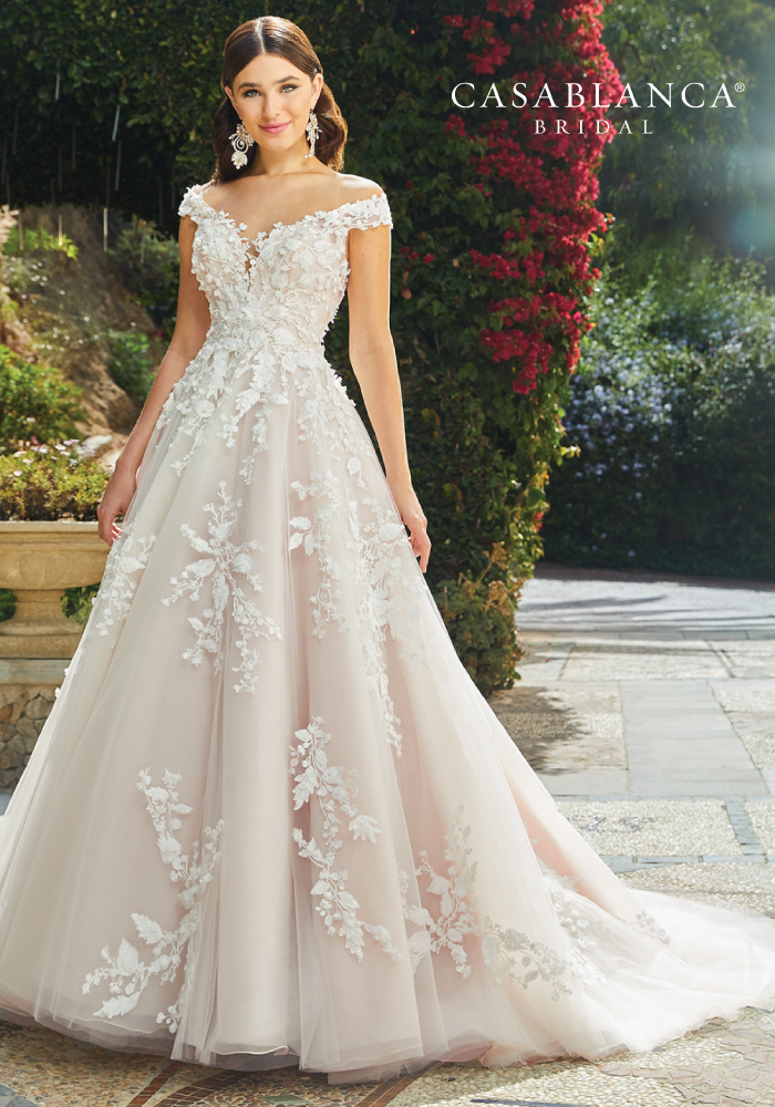 Sleeveless A-line wedding dress with off-the-shoulder cap sleeves