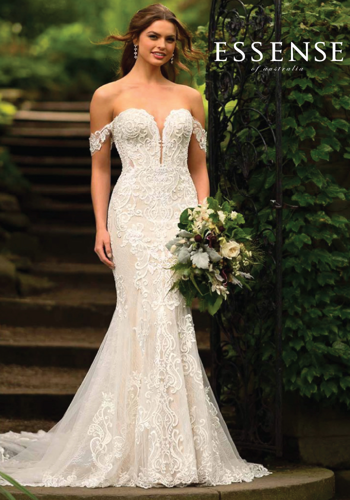 Off-the-shoulder lace fit-and-flare wedding dress