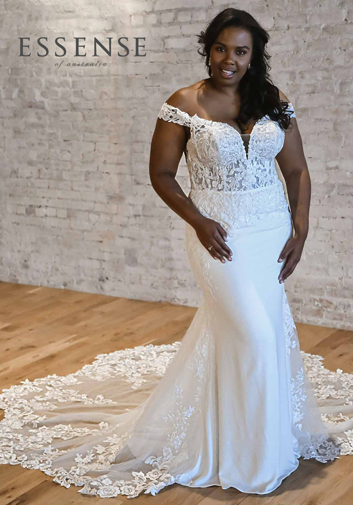 Plus-size lace fit and flare wedding dress with off-the-shoulder cap sleeves
