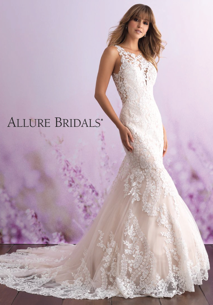 Sleeveless lace fit-and-flare wedding dress with high neck