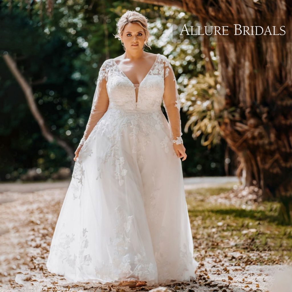 Plus-size bridal gown with lace sleeves