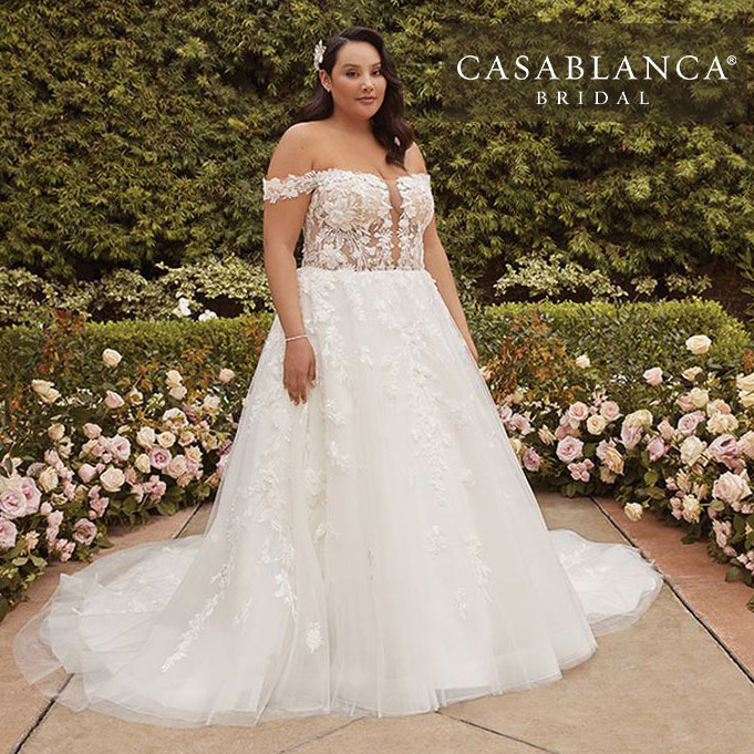Plus-size off-the-shoulder A-line bridal gown