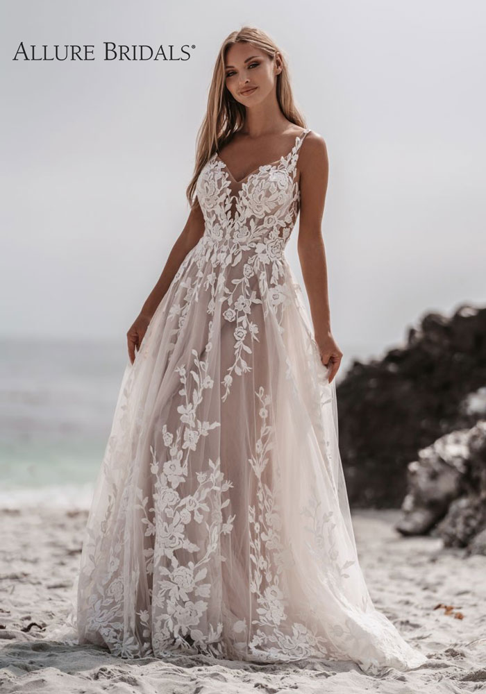 Flowy boho sleeveless lace wedding dress