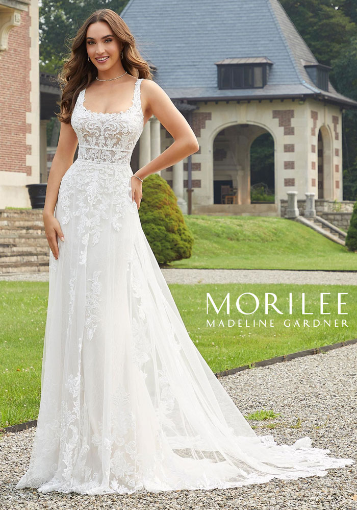 Sleeveless lace A-line wedding dress with square neckline
