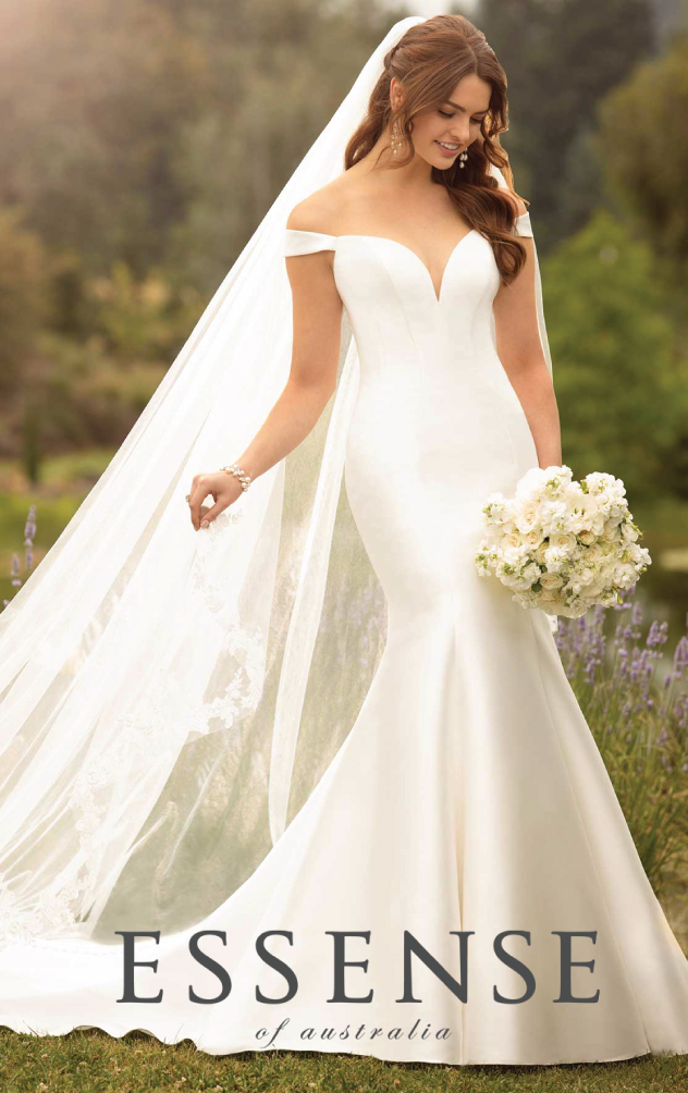 Off-the-shoulder fit and flare wedding dress with veil