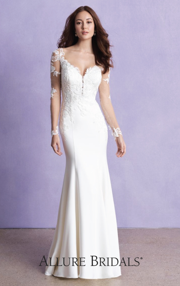 Column wedding dress with lace sleeves