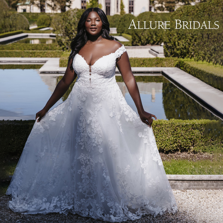 Plus-Size Lace A-line bridal gown with off-the shoulder cap sleeves
