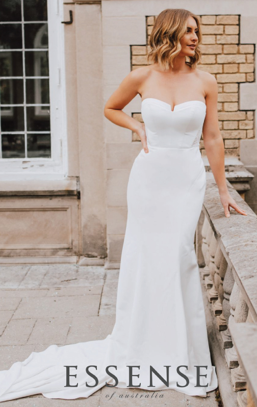 Simple strapless fit-and-flare bridal gown