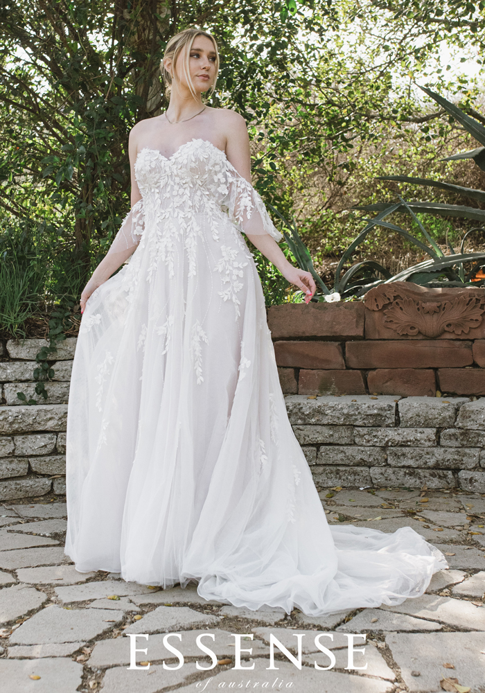 Romantic strapless wedding dress with off-the shoulder cap sleeves