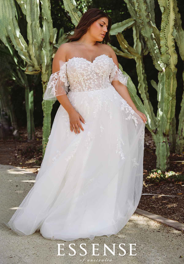 Plus-size wedding dress with off-the-shoulder cap sleeves