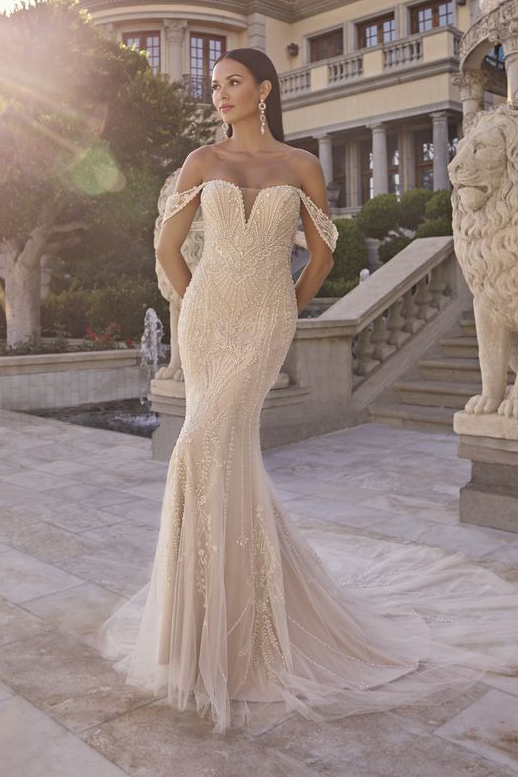 Off-the-shoulder beaded fit-and-flare wedding dress