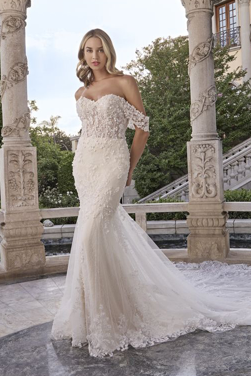 Off-the-shoulder fit-and-flare wedding dress