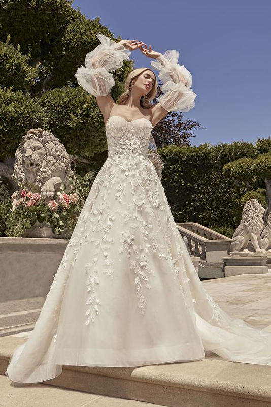 Strapless A-line wedding dress with big puffy sleeves