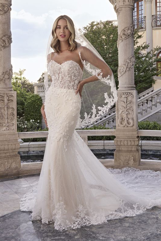 Strapless fit-and-flare wedding dress with veil