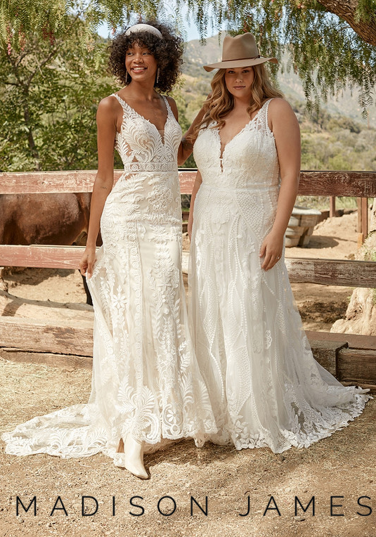Sleeveless lace fit-and-flare wedding dresses in all sizes including plus-size