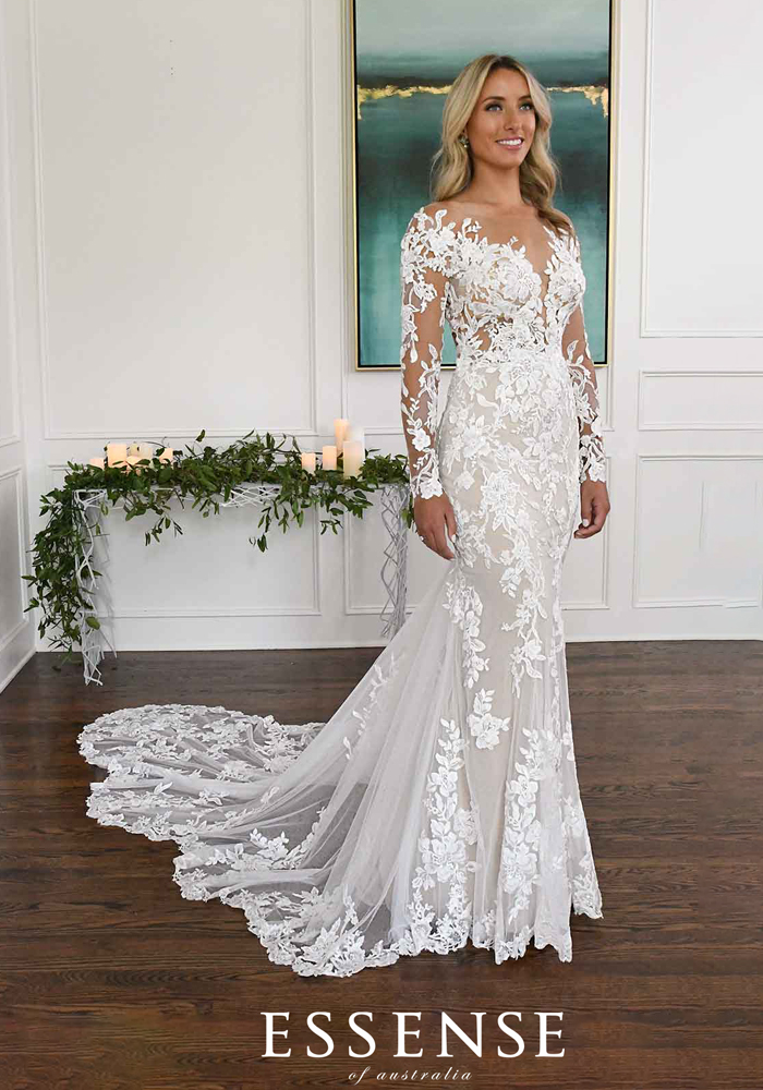 Sheath wedding dress with long lace sleeves