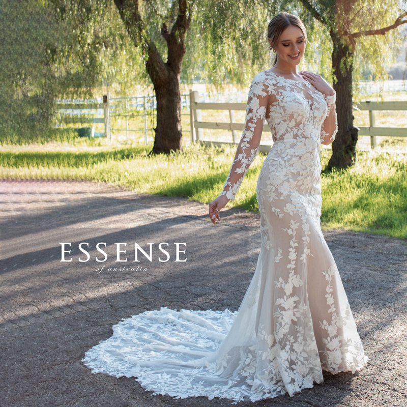 Lace fit-and-flare wedding dress with long lace sleeves