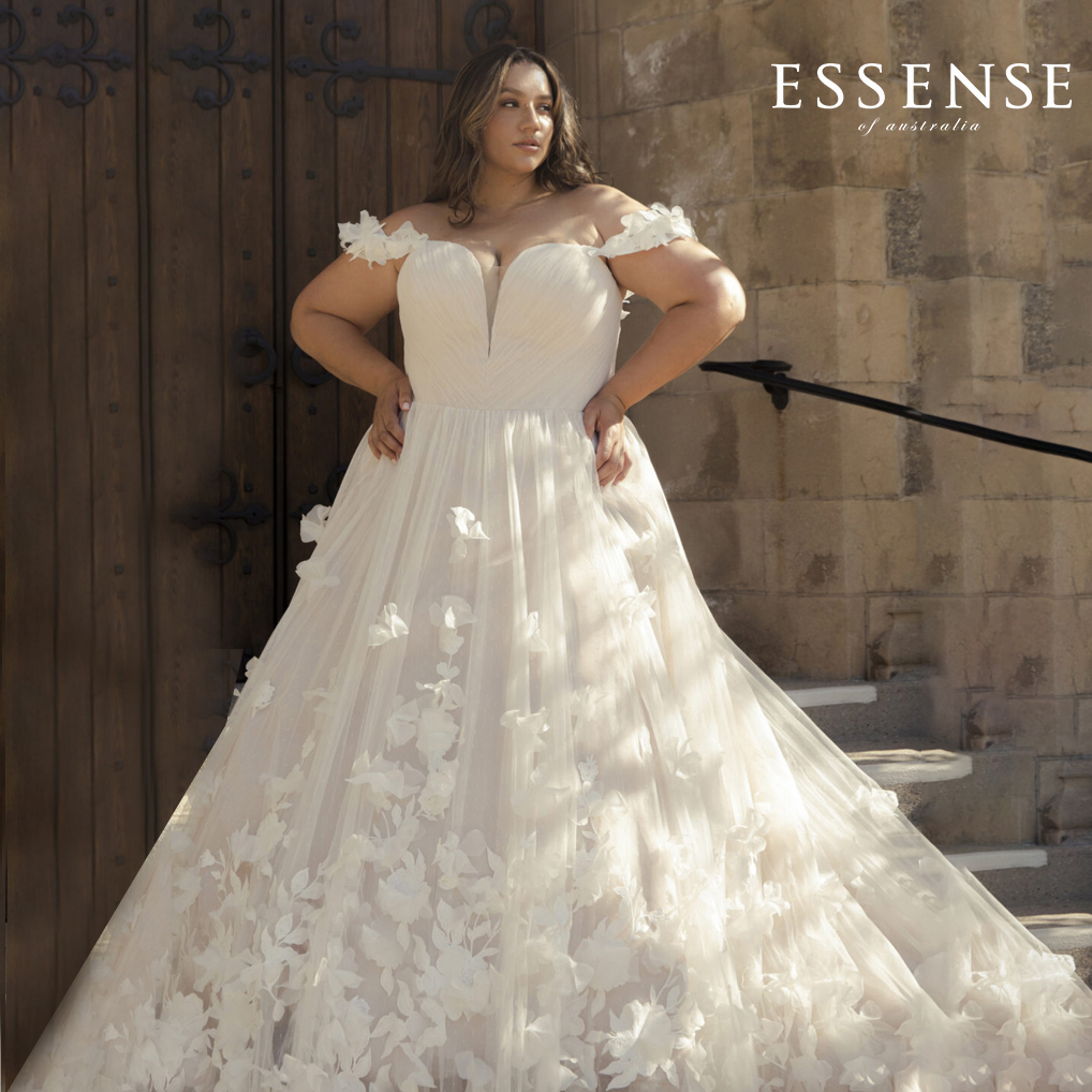 Plus-Size ballgown wedding dress with off-the-shoulder cap sleeves