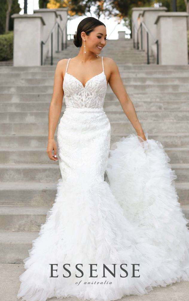 Sleeveless fit-and-flare wedding dress with layered skirt