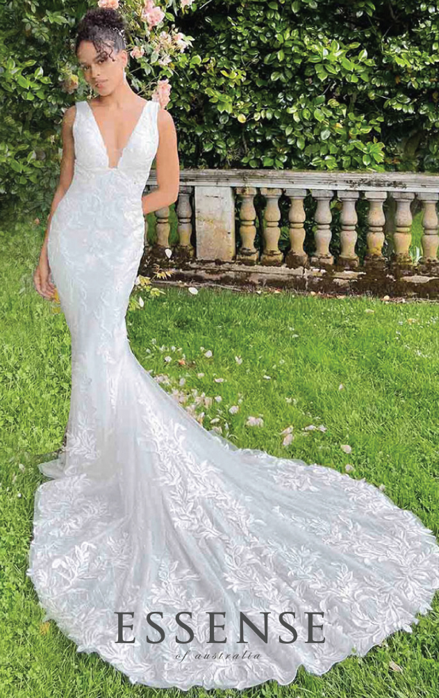 Sleeveless lace column wedding dress