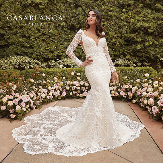 Lace fit-and-flare wedding dress with long sleeves