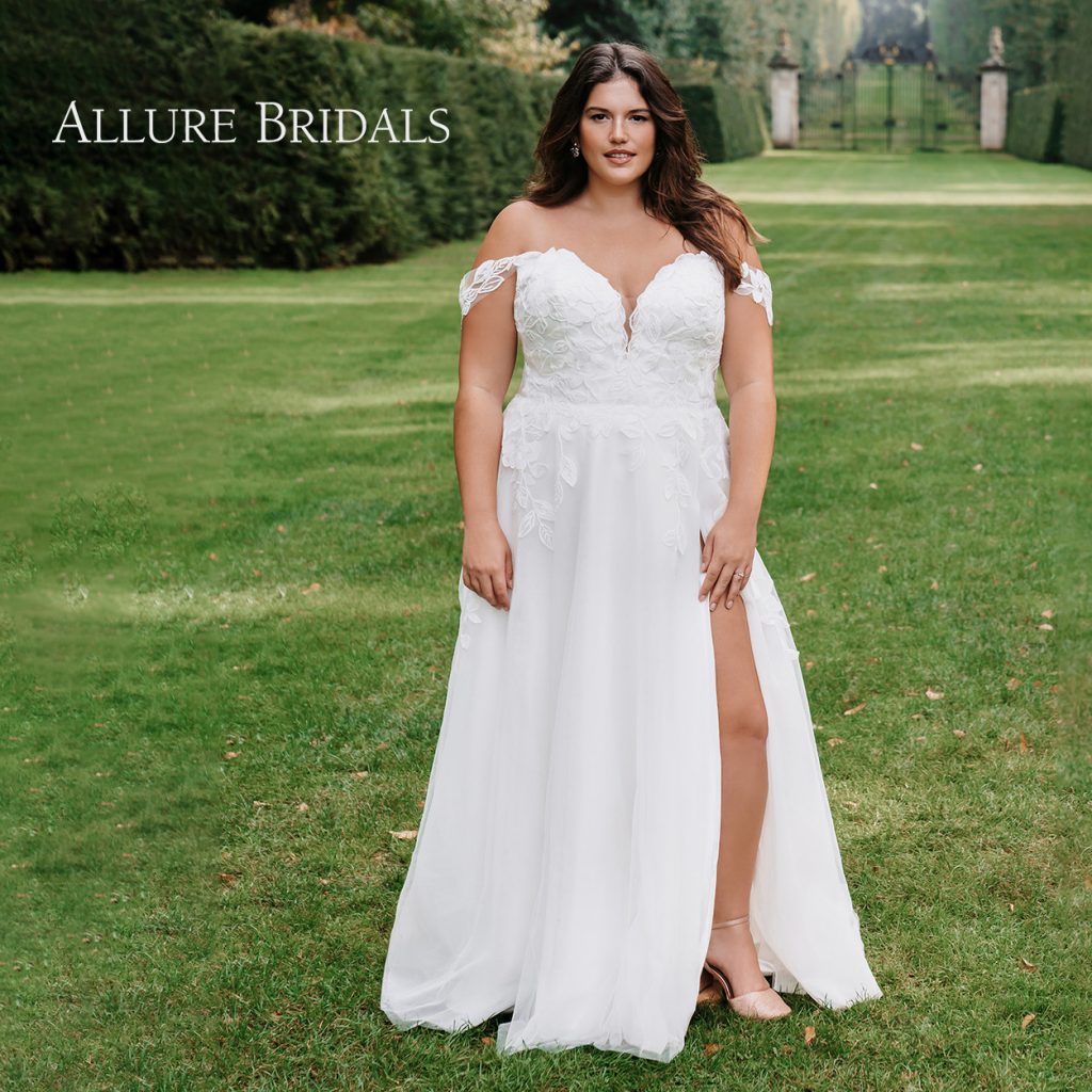 Off-the-shoulder plus-size A-line wedding dress with leg slit
