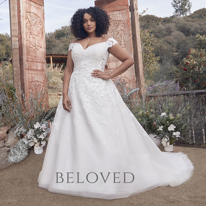 Plus-size A-line wedding dress with off-the-shoulder cap sleeves