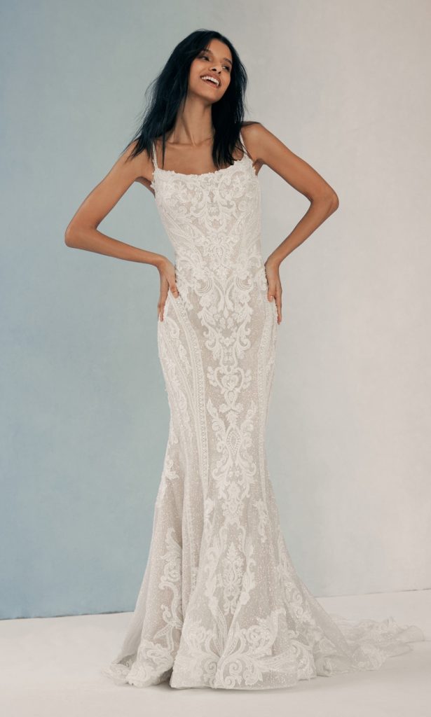 Sleeveless lace column bridal gown