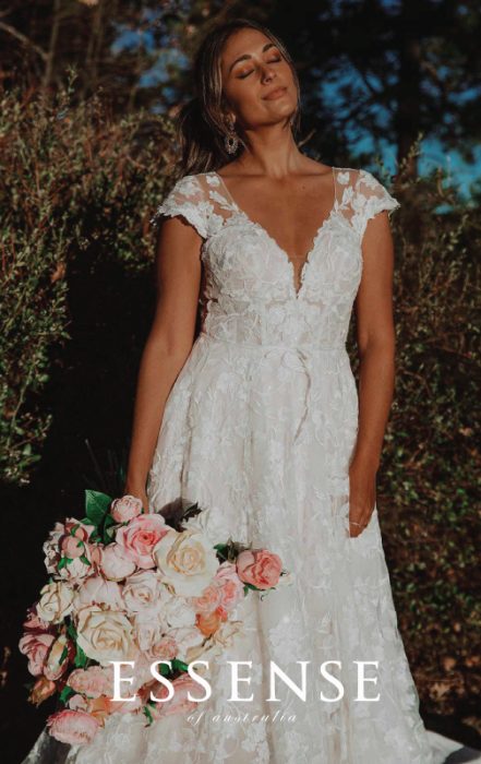 Lace boho wedding dress with cap sleeves