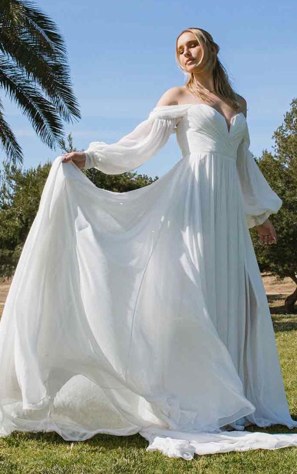 Flowy A-line bridal gown with off-the-shoulder long sleeves