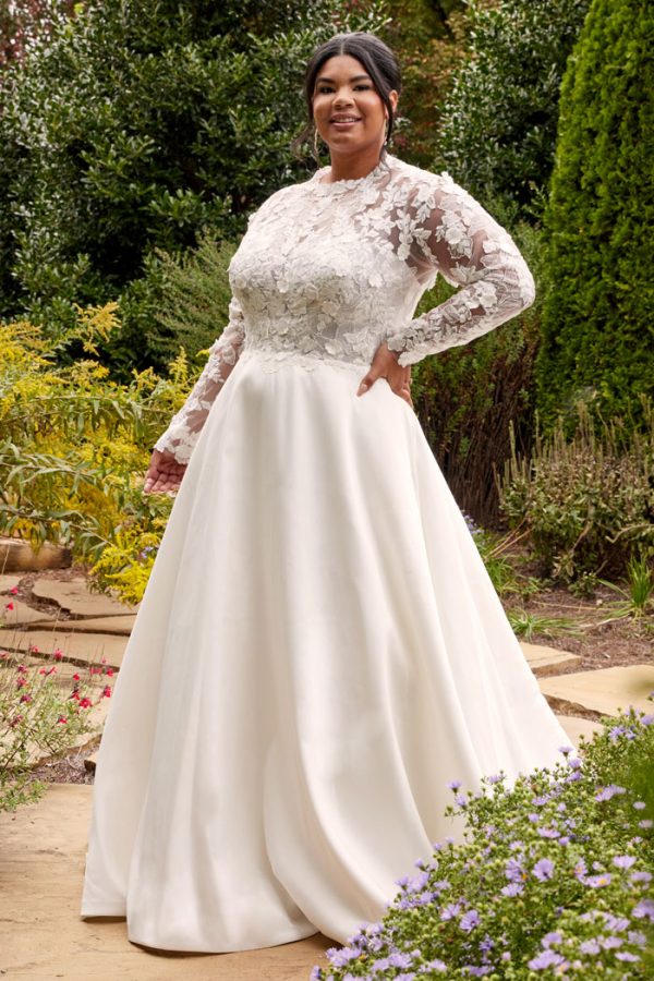 Modest Plus-Size Lace Wedding Dress with High Neckline and Long Sleeves