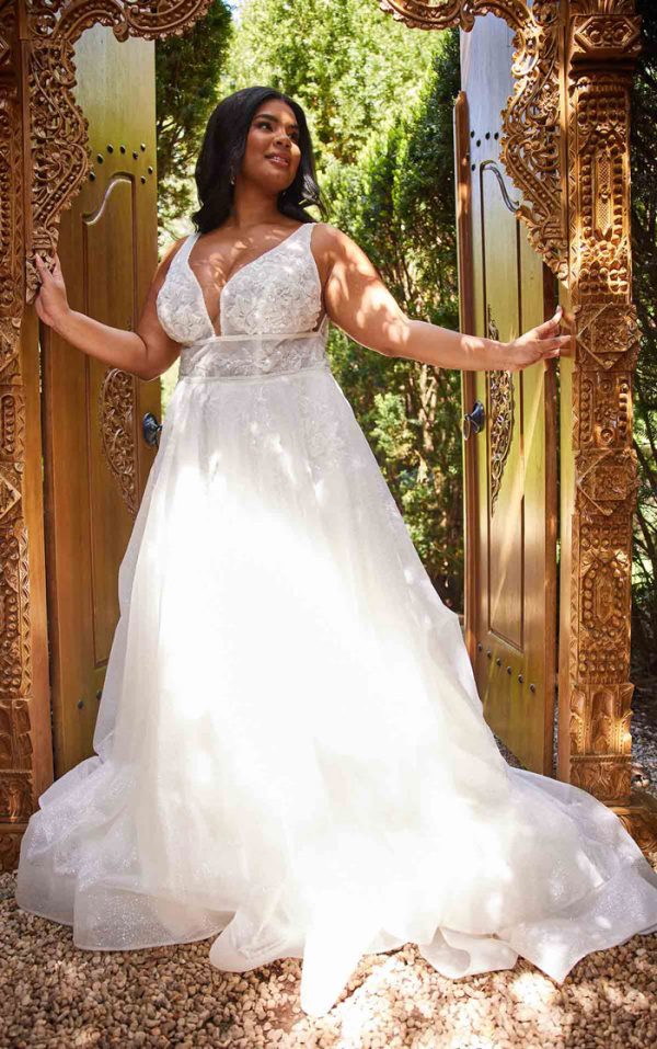 Sparkling Plus Size A-Line Wedding Dress with Plunging Neckline