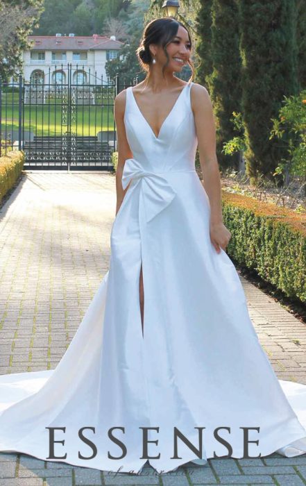 bridal-gown-sleeveless-a-line-leg-slit-essense-D3586 Simple Silk A-Line Wedding Dress with V-Neckline and Bow Detail