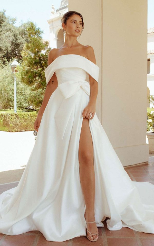 Chic Off-the-Shoulder A-Line Wedding Dress with Detachable Bow