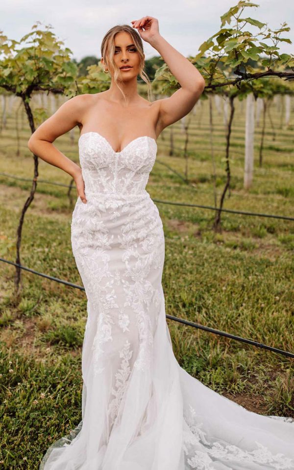 Strapless lace fit-and-flare bridal gown