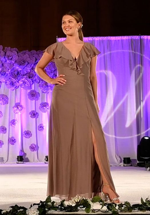 Taupe-color bridesmaid dress with cap sleeves