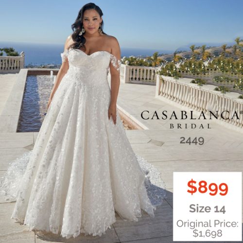 Off-the-shoulder lace A-line bridal gown