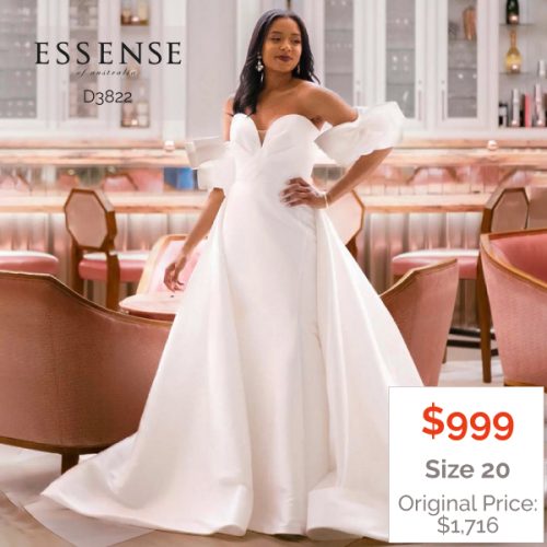 Fit-and-flare wedding dress with off-the-shoulder puff sleeves and overskirt