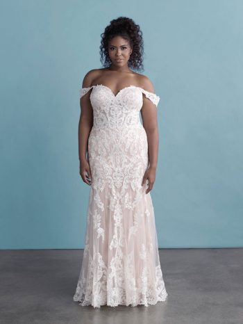 Plus-Size Fit and Flare wedding dress with off-the-shoulder cap sleeves