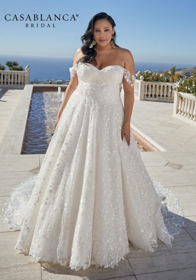 Plus-size lace A-line wedding dress with off-the shouder cap sleeves