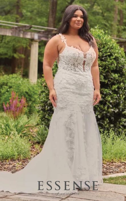 Plus-size sleeveless lace fit-and-flare wedding dress