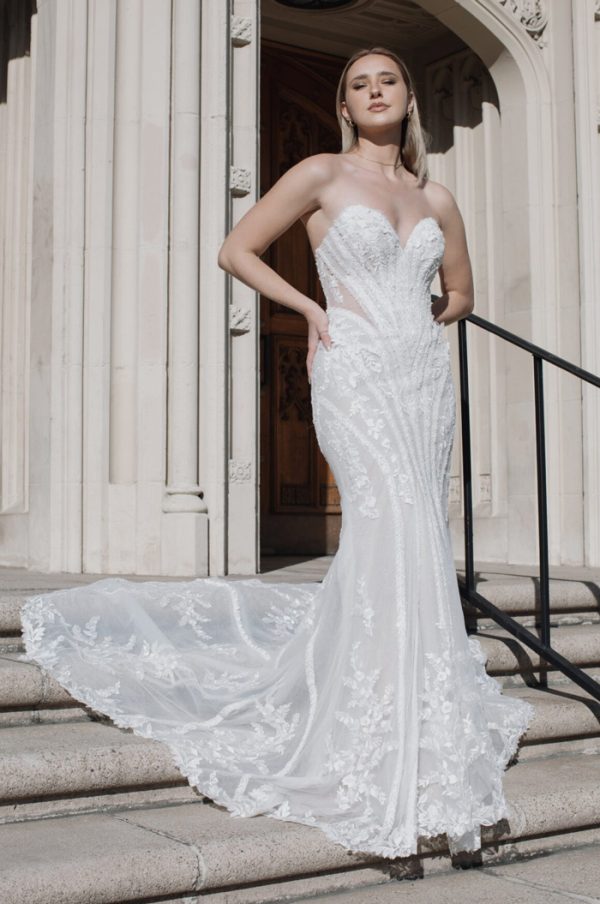 Strapless fit-and-flare lace wedding dress