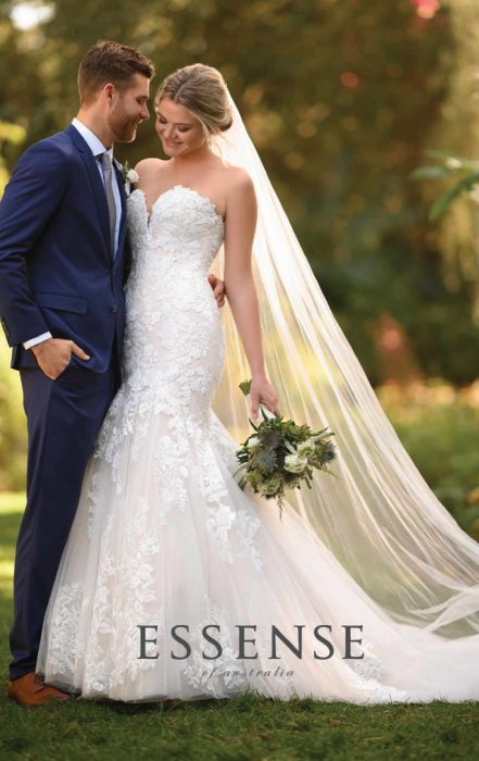 Strapless fit-and-flare wedding dress with veil